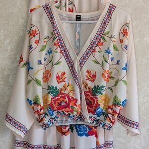 SHEIN Floral Print Kimono Blouse And Skirt - Cream and Multicolor